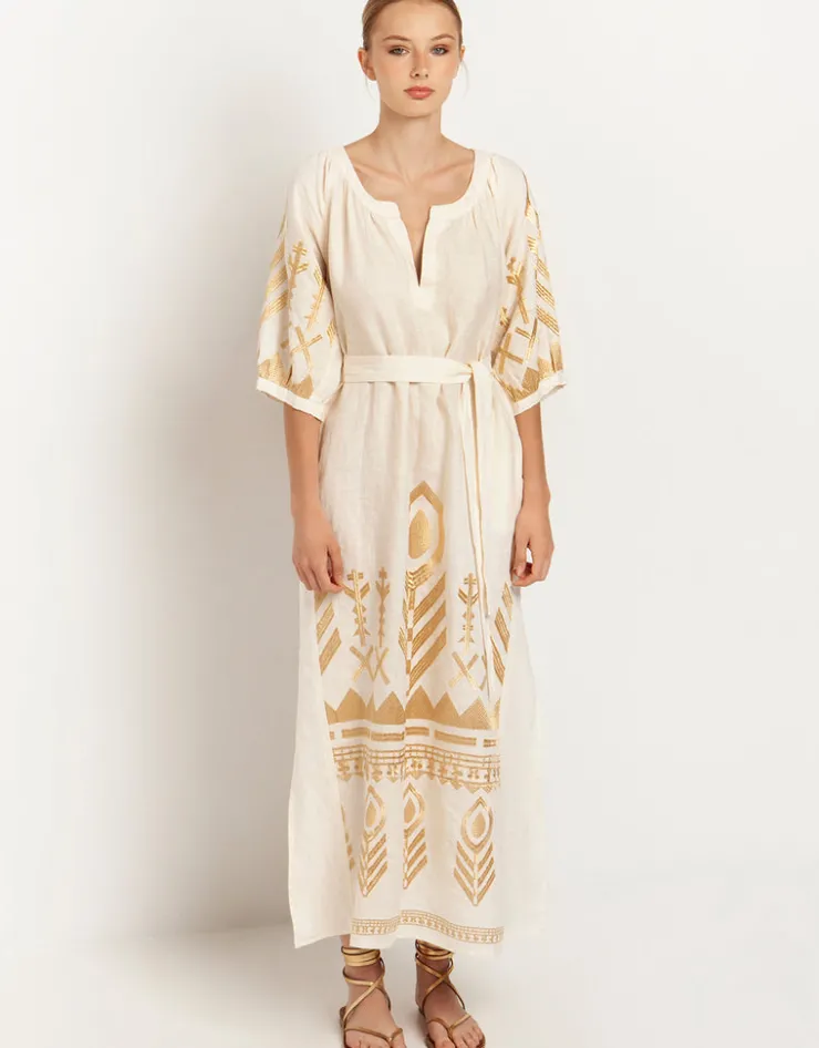 Greek Archaic Kori Feather Maxi Kaftan - Natural and Gold New