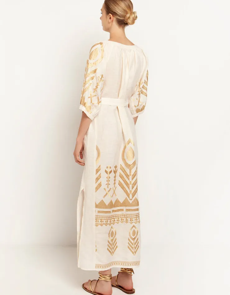 Greek Archaic Kori Feather Maxi Kaftan - Natural and Gold New