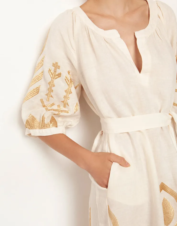 Greek Archaic Kori Feather Maxi Kaftan - Natural and Gold New