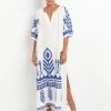 Greek Archaic Kori Feather Maxi Kaftan - White and Blue Sale