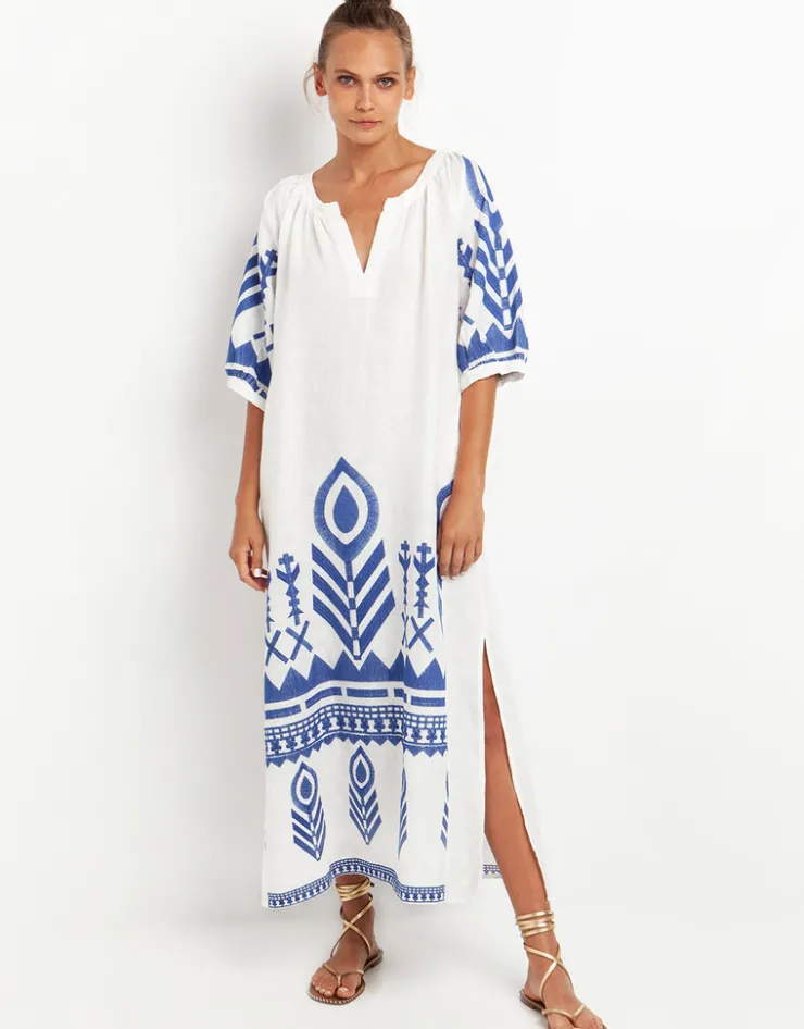 Greek Archaic Kori Feather Maxi Kaftan - White and Blue Sale