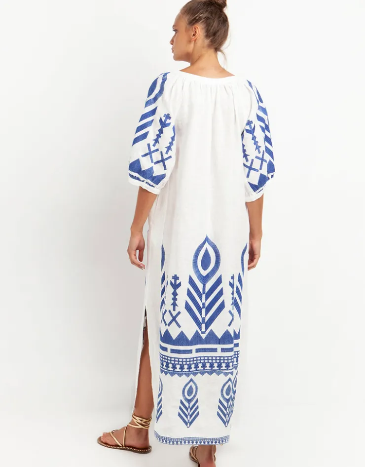 Greek Archaic Kori Feather Maxi Kaftan - White and Blue Sale