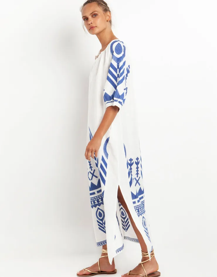 Greek Archaic Kori Feather Maxi Kaftan - White and Blue Sale