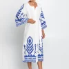 Greek Archaic Kori Feather Midi Kaftan - White and Blue Hot