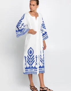 Greek Archaic Kori Feather Midi Kaftan - White and Blue Hot