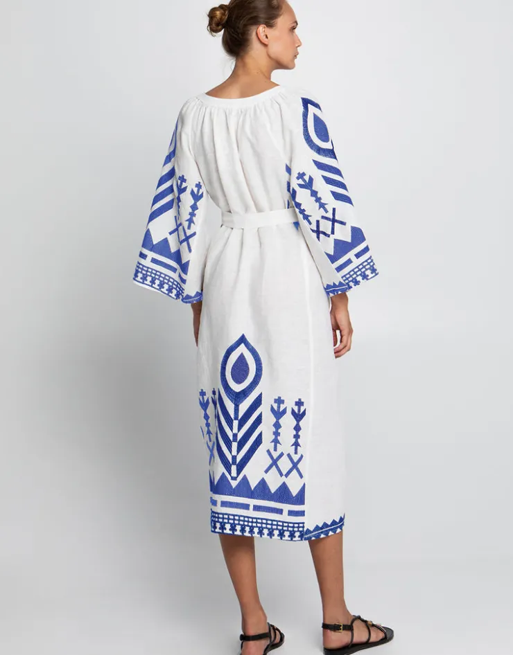 Greek Archaic Kori Feather Midi Kaftan - White and Blue Hot