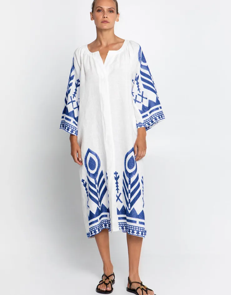 Greek Archaic Kori Feather Midi Kaftan - White and Blue Hot