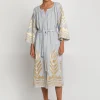 Greek Archaic Kori Feather Midi Kaftan - Light Grey and Gold Sale