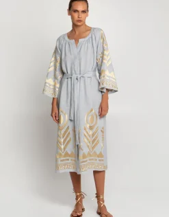 Greek Archaic Kori Feather Midi Kaftan - Light Grey and Gold Sale