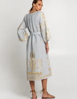 Greek Archaic Kori Feather Midi Kaftan - Light Grey and Gold Sale