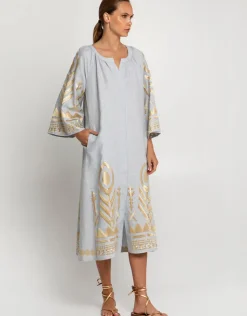 Greek Archaic Kori Feather Midi Kaftan - Light Grey and Gold Sale