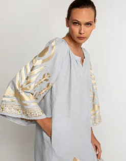 Greek Archaic Kori Feather Midi Kaftan - Light Grey and Gold Sale