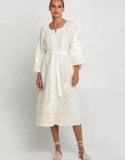 Greek Archaic Kori Feather Midi Kaftan - Natural and Champagne Clearance