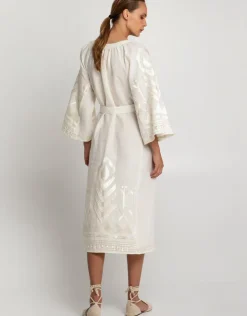 Greek Archaic Kori Feather Midi Kaftan - Natural and Champagne Clearance