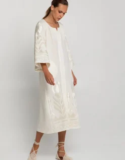 Greek Archaic Kori Feather Midi Kaftan - Natural and Champagne Clearance