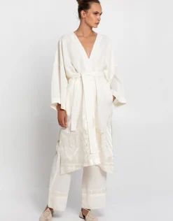 Greek Archaic Kori Feather Midi Kimono - Natural and Champagne Fashion