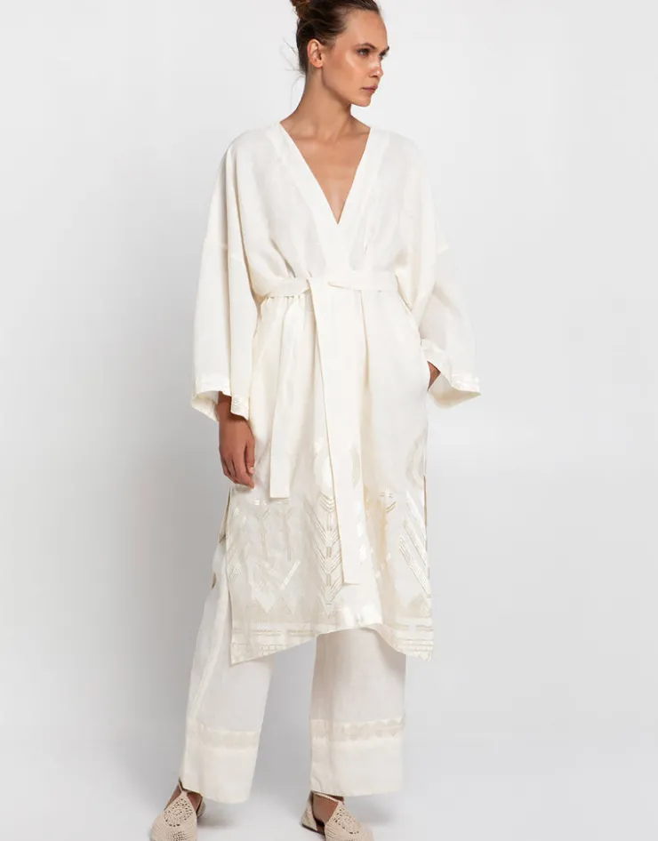Greek Archaic Kori Feather Midi Kimono - Natural and Champagne Fashion