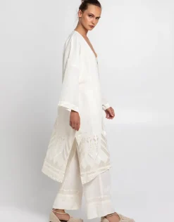 Greek Archaic Kori Feather Midi Kimono - Natural and Champagne Fashion