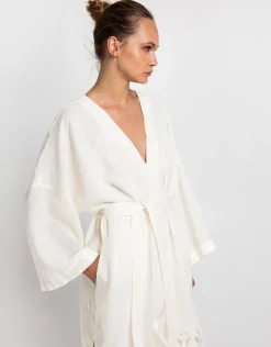 Greek Archaic Kori Feather Midi Kimono - Natural and Champagne Fashion