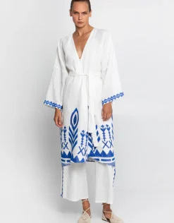Greek Archaic Kori Feather Midi Kimono - White and Blue New