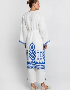 Greek Archaic Kori Feather Midi Kimono - White and Blue New