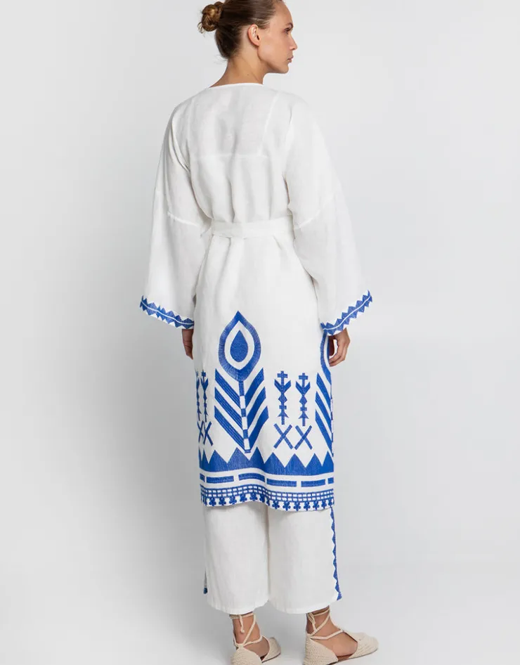 Greek Archaic Kori Feather Midi Kimono - White and Blue New