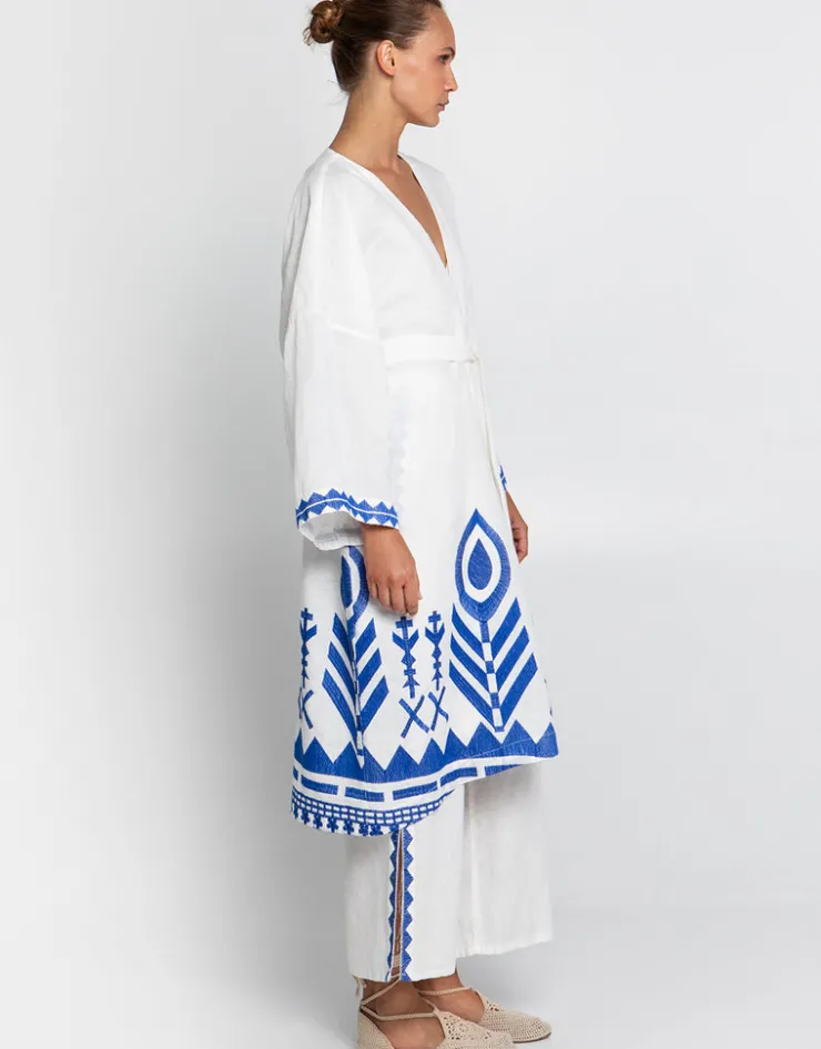 Greek Archaic Kori Feather Midi Kimono - White and Blue New