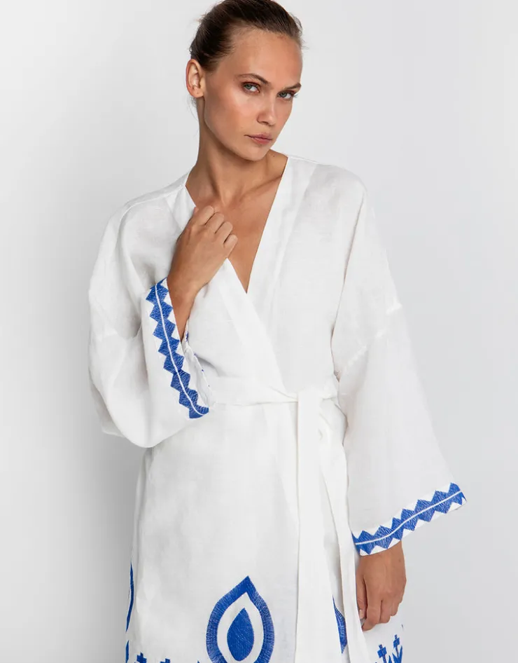 Greek Archaic Kori Feather Midi Kimono - White and Blue New