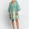 Greek Archaic Kori Feather Mini Dress - Sea Green and Gold Sale