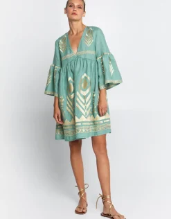 Greek Archaic Kori Feather Mini Dress - Sea Green and Gold Sale