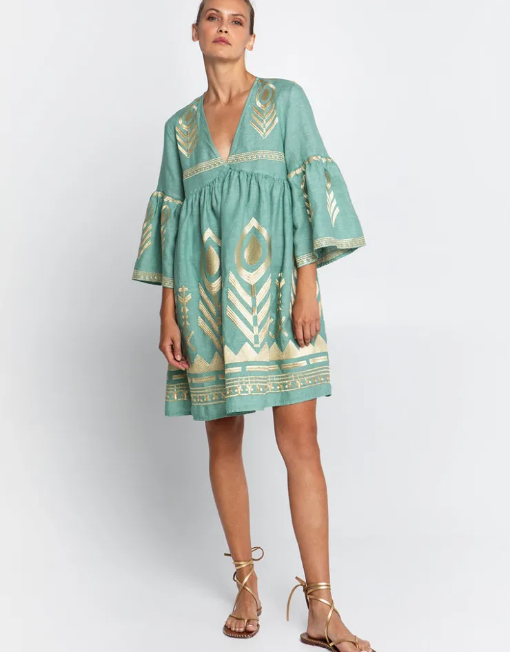Greek Archaic Kori Feather Mini Dress - Sea Green and Gold Sale