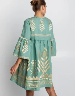 Greek Archaic Kori Feather Mini Dress - Sea Green and Gold Sale