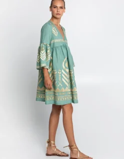 Greek Archaic Kori Feather Mini Dress - Sea Green and Gold Sale