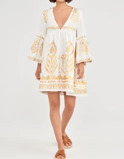 Greek Archaic Kori Feather Mini Dress - White and Gold Hot