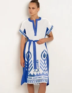Greek Archaic Kori Feathers Kaftan Tunic - White and Blue New