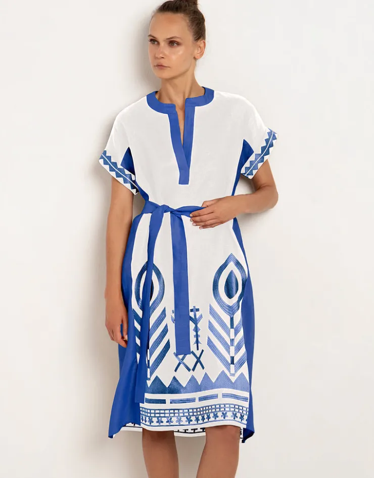 Greek Archaic Kori Feathers Kaftan Tunic - White and Blue New