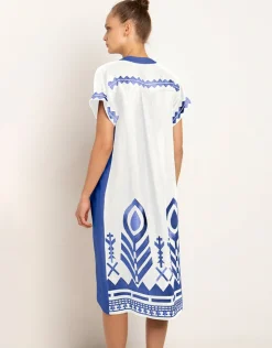 Greek Archaic Kori Feathers Kaftan Tunic - White and Blue New