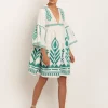 Greek Archaic Kori Feathers Mini Dress - White and Emerald Fashion