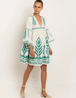 Greek Archaic Kori Feathers Mini Dress - White and Emerald Fashion