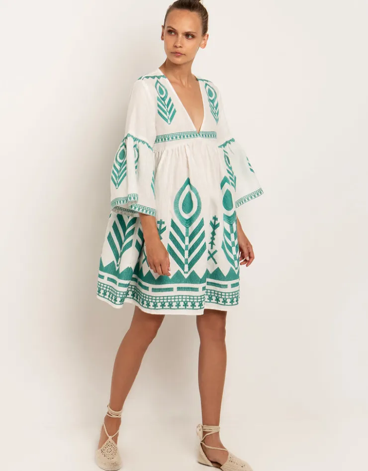 Greek Archaic Kori Feathers Mini Dress - White and Emerald Fashion