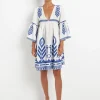 Greek Archaic Kori Feathers Mini Dress - White and Blue Sale