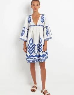 Greek Archaic Kori Feathers Mini Dress - White and Blue Sale