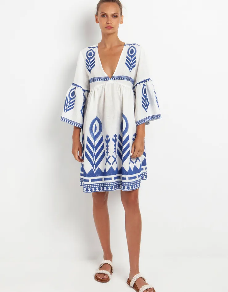 Greek Archaic Kori Feathers Mini Dress - White and Blue Sale