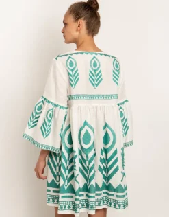 Greek Archaic Kori Feathers Mini Dress - White and Emerald Fashion