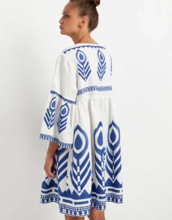 Greek Archaic Kori Feathers Mini Dress - White and Blue Sale
