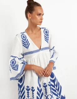 Greek Archaic Kori Feathers Mini Dress - White and Blue Sale