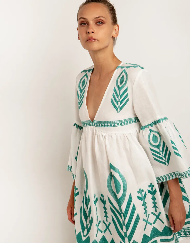 Greek Archaic Kori Feathers Mini Dress - White and Emerald Fashion