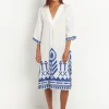 Greek Archaic Kori Feathers V Neck Midi Kaftan - White and Blue Clearance