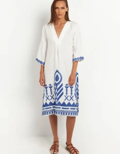 Greek Archaic Kori Feathers V Neck Midi Kaftan - White and Blue Clearance