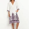 Greek Archaic Kori Feathers V Neck Midi Kaftan - White and Plum Clearance